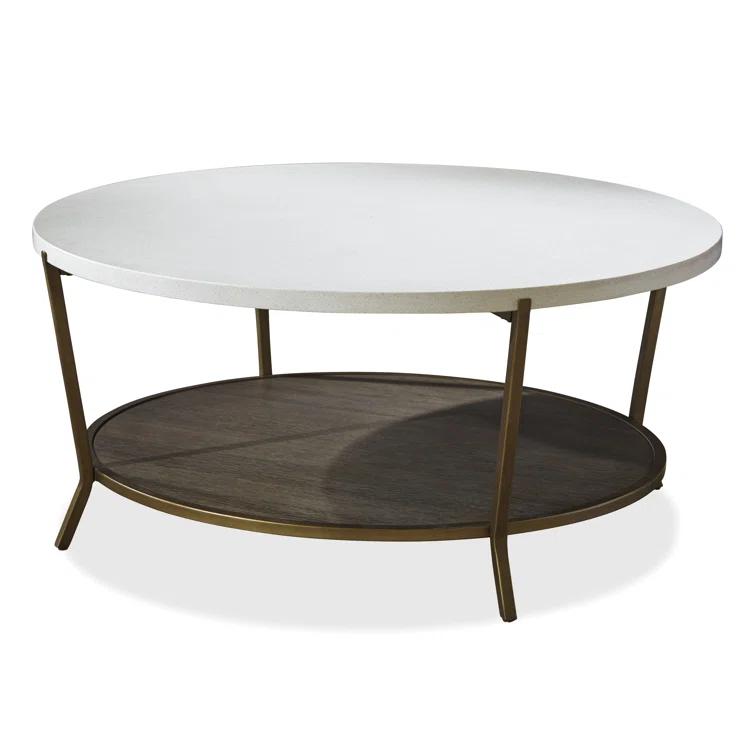 Transitional Round Wood & Stone Coffee Table, 42 Inch, Brown