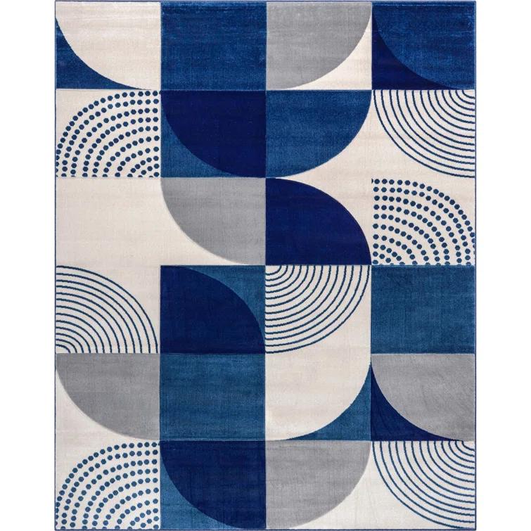Clyte Blue Modern Geometric Boxes Lines 3D Textured Rug