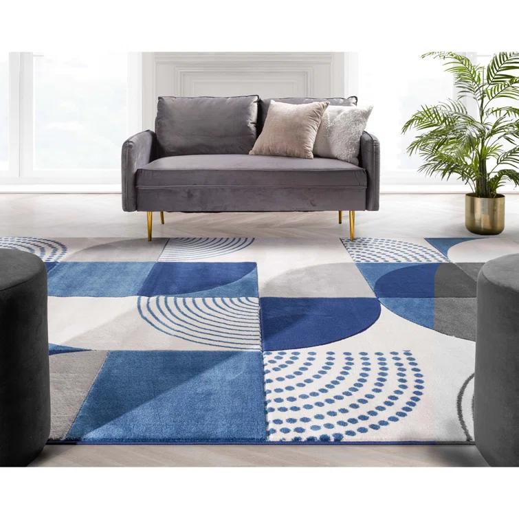 Clyte Blue Modern Geometric Boxes Lines 3D Textured Rug
