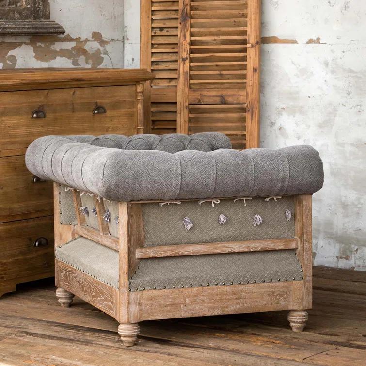 Gray Handcrafted Wood Chesterfield Accent Chair