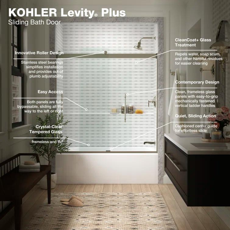 Levity Plus Less Sliding Bath Door, 61-9/16 In. H X 56-5/8 - 59-5/8 In. W, With 5/16 In.-Thick Crystal Clear Glass