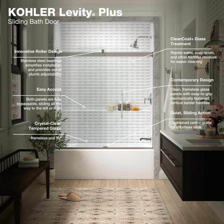 Levity Plus Less Sliding Bath Door, 61-9/16 In. H X 56-5/8 - 59-5/8 In. W, With 5/16 In.-Thick Crystal Clear Glass