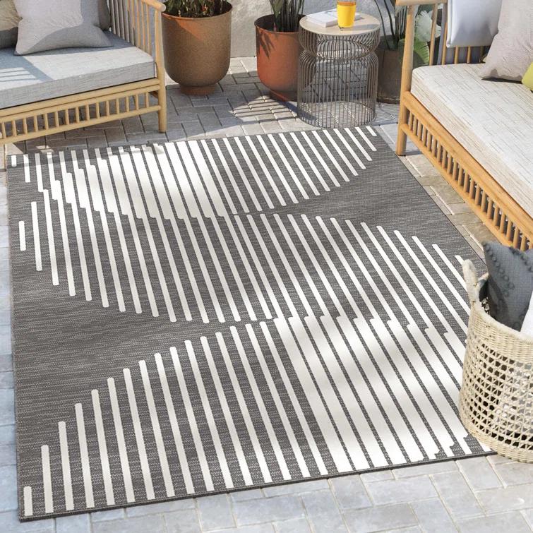 Marshanna Alder Modern Stripes Indoor/Outdoor Ivory Grey Flat-Weave Rug