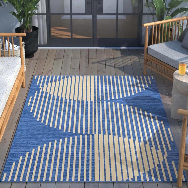 Marshanna Alder Modern Stripes Indoor/Outdoor Blue Flat-Weave Rug
