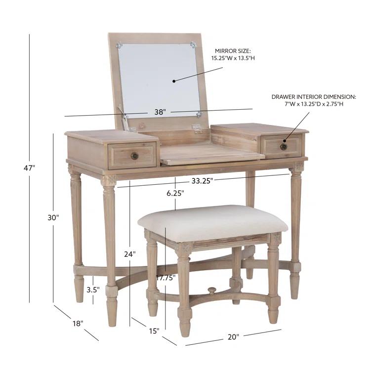 Kelly Clarkson Home June Natural Two Drawer Flip Top Vanity Set with Stool