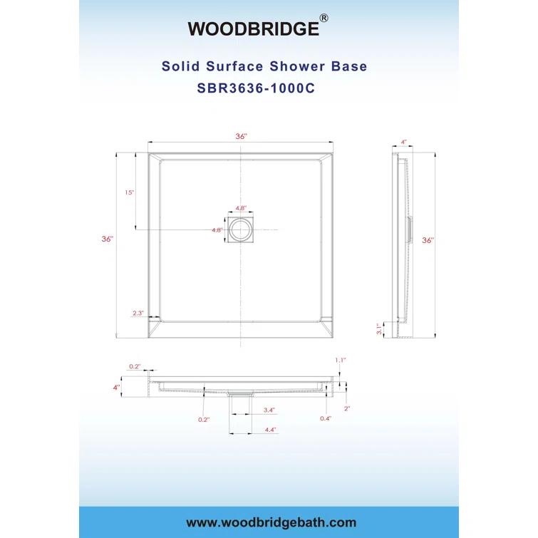 36" Solid Surface Square Single Threshold Shower Pan Base with Drain Assembly & Drain Cover Included, Non-Slip
