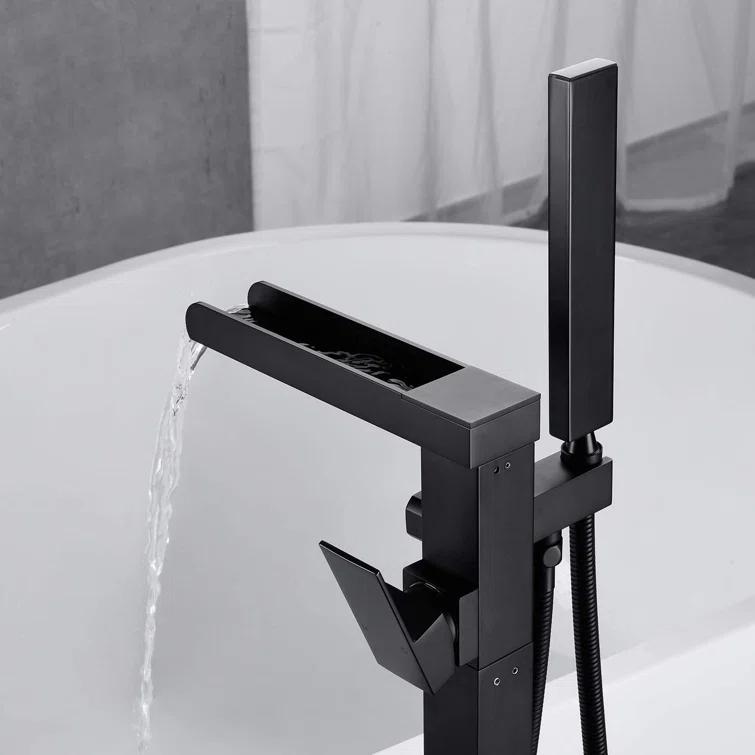 AlenArtWater Waterfall Tub Filler Freestanding Bathtub Faucet Floor Mount Brass Single Handle Bathroom Faucets with Hand Shower 94-LJQKCZ