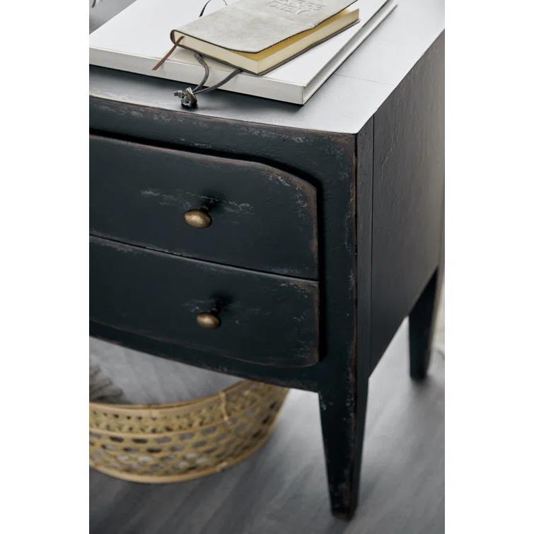 Distressed Black 34" Wood Two-Drawer Nightstand with USB Port