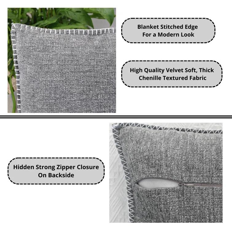 Oveesha Soft Chenille Throw Pillow Covers With Stitched Edge (Set of 2)