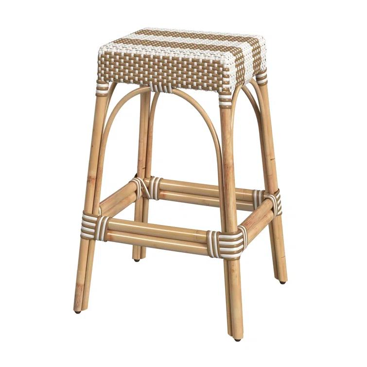 Tan and White Striped Rattan Backless Bar Stool, 30"