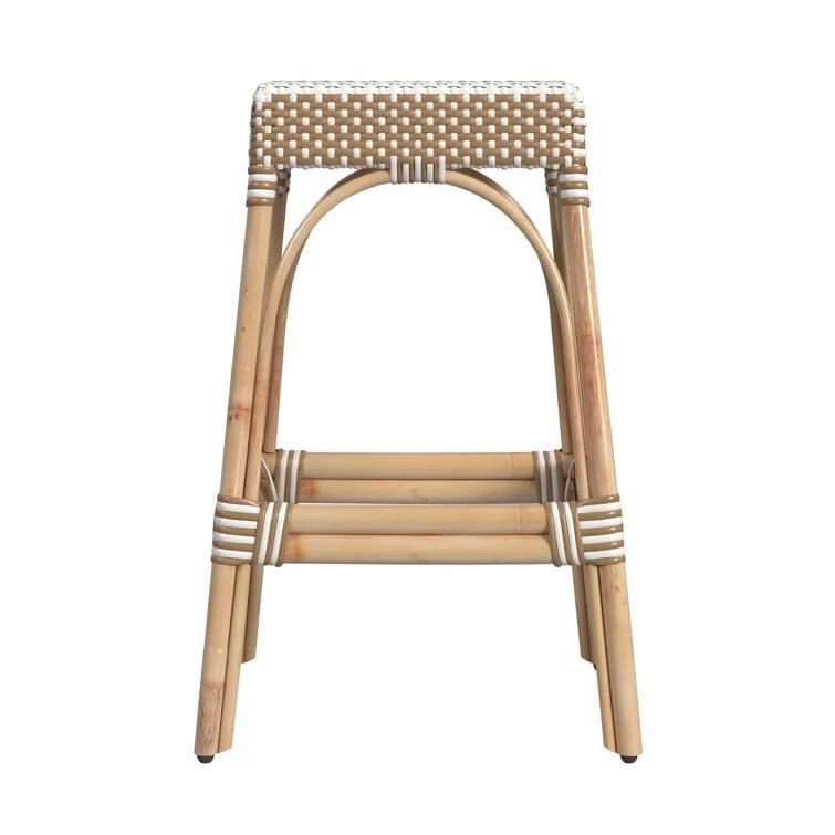 Tan and White Striped Rattan Backless Bar Stool, 30"