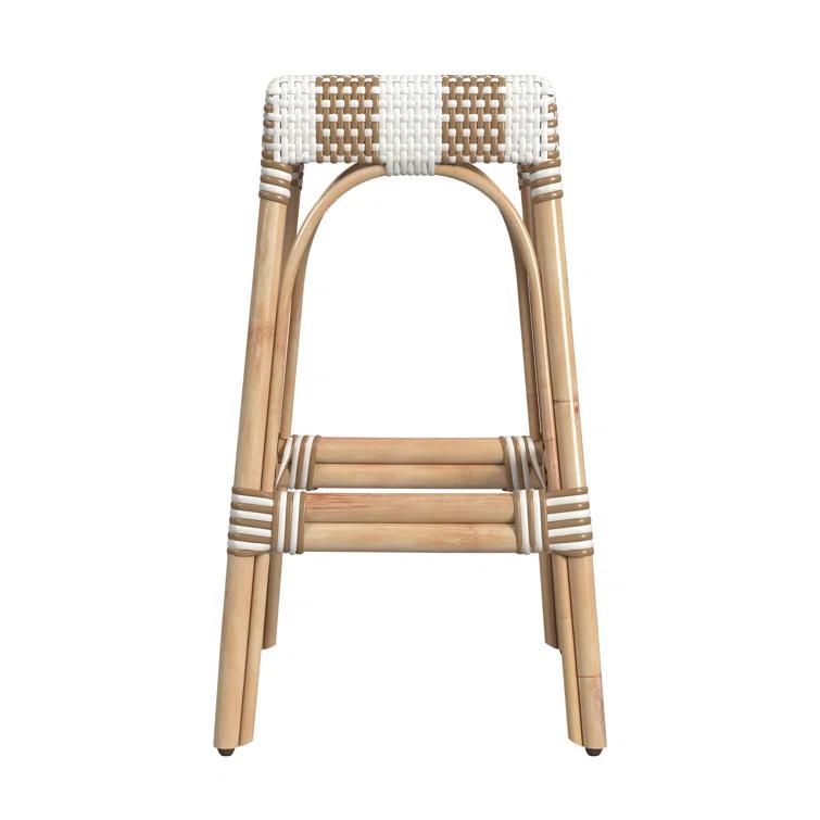 Tan and White Striped Rattan Backless Bar Stool, 30"