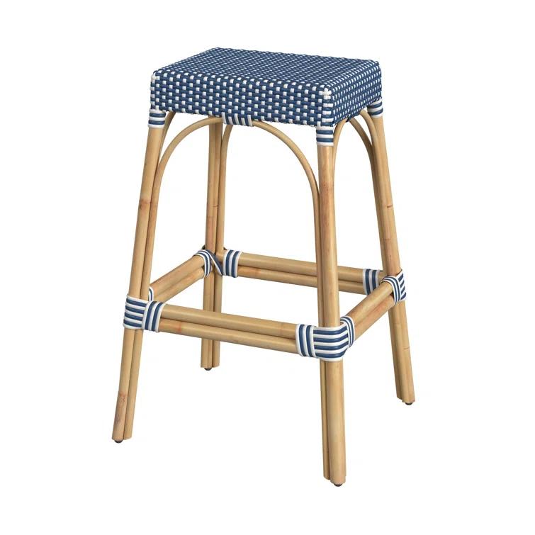 Butler Specialty Company Robias Rectangular Rattan 30" Bar Stool - Blue & White