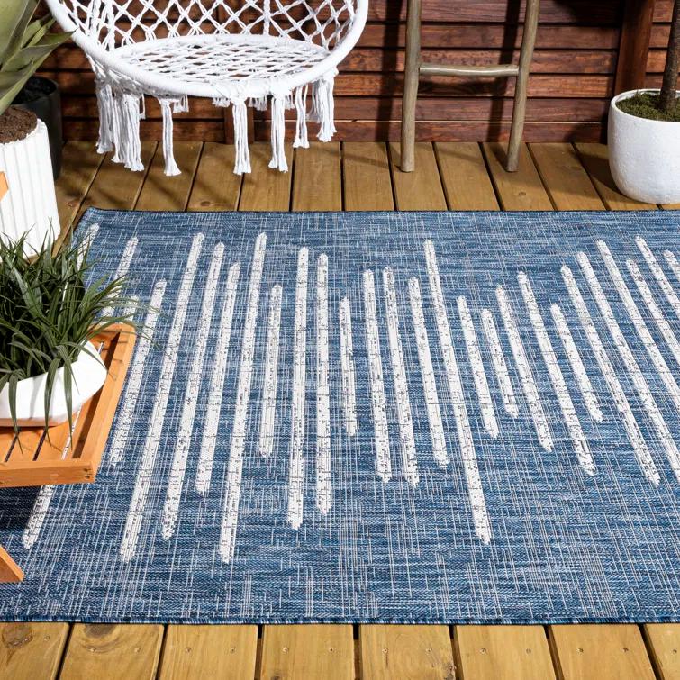 Grundy Berber Stripe Geometric Blue/Ivory Indoor/Outdoor Rug