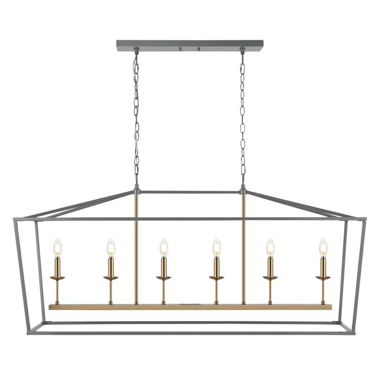 Pagoda 49" Linear 6-Bulb Classic Traditional Metal LED Pendant, Gray/Brass Gold