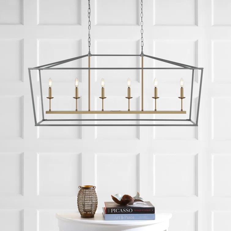 Pagoda 49" Linear 6-Bulb Classic Traditional Metal LED Pendant, Gray/Brass Gold