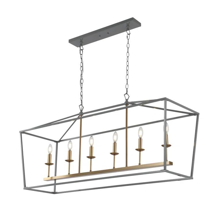 Pagoda 49" Linear 6-Bulb Classic Traditional Metal LED Pendant, Gray/Brass Gold