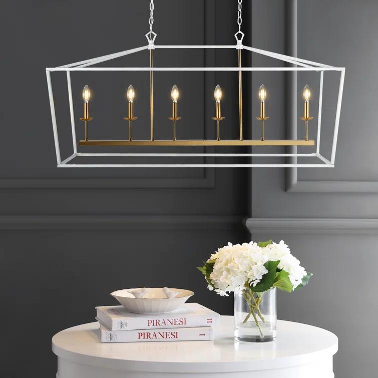 JONATHAN  Y Pagoda 49" Metal Linear Classic Traditional 6 -Light White Farmhouse Lantern Large Hanging Kitchen island light