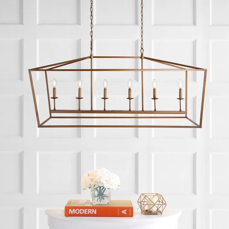 Pagoda 49" Linear 6-Bulb Lantern Metal LED Pendant, Antique Gold
