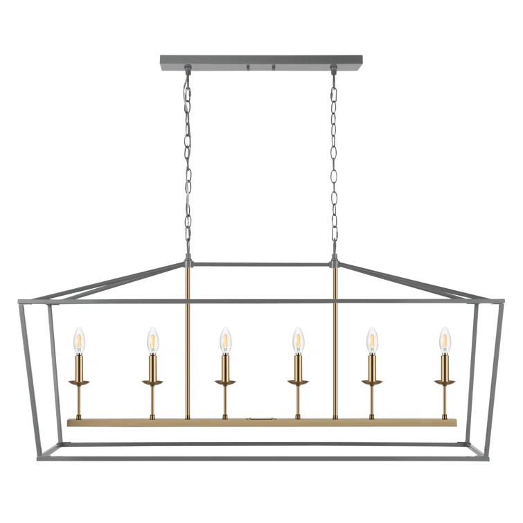 Pagoda 49" Linear 6-Bulb Classic Traditional Metal LED Pendant, Gray/Brass Gold