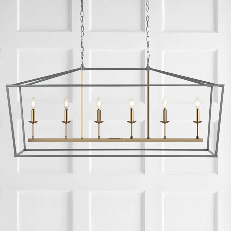 Pagoda 49" Linear 6-Bulb Classic Traditional Metal LED Pendant, Gray/Brass Gold