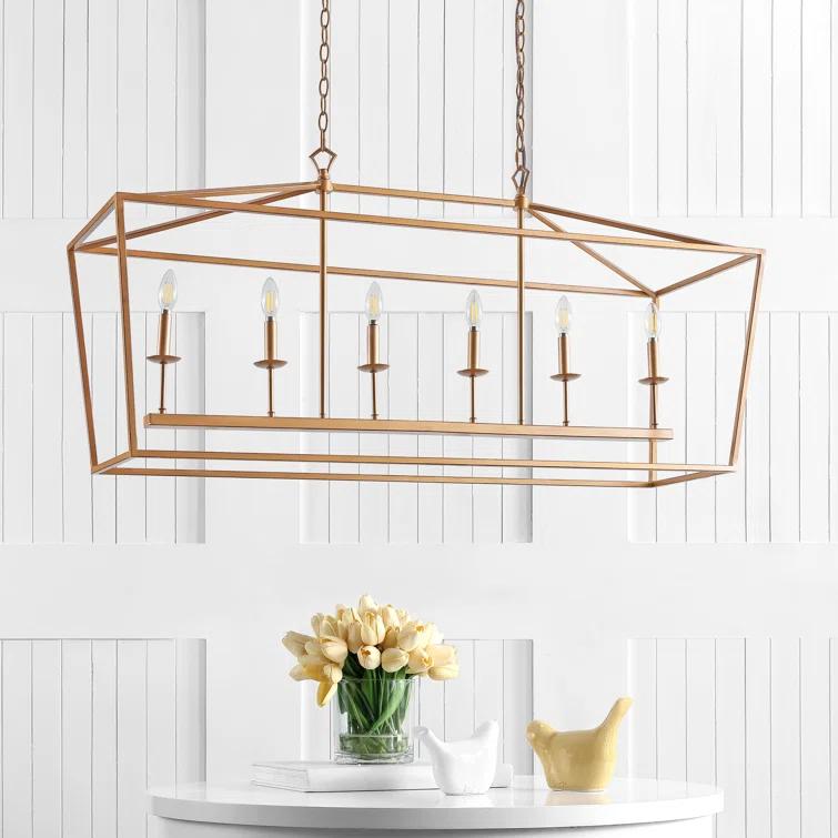 Pagoda 49" Linear 6-Bulb Lantern Metal LED Pendant, Antique Gold