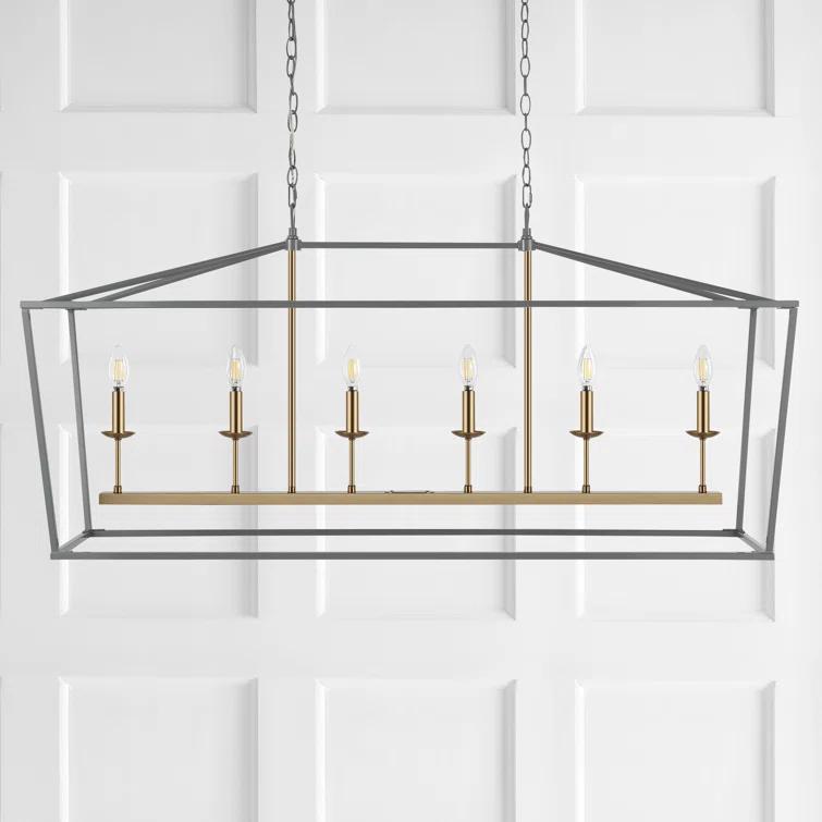 Pagoda 49" Linear 6-Bulb Classic Traditional Metal LED Pendant, Gray/Brass Gold