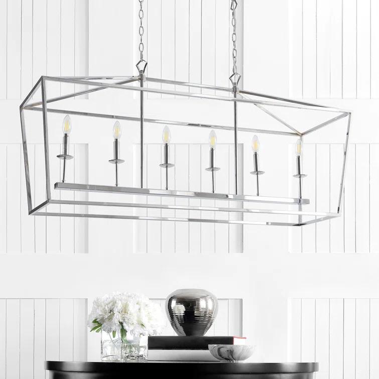 Pagoda 49" Linear 6-Bulb Lantern Metal LED Pendant, Chrome