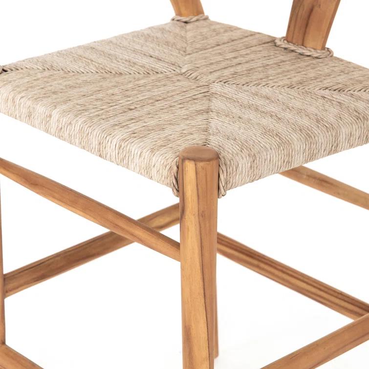 Natural Teak Wishbone-Style Counter Stool with Woven Seat