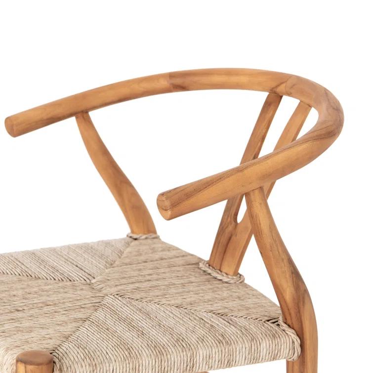 Natural Teak Wishbone-Style Counter Stool with Woven Seat
