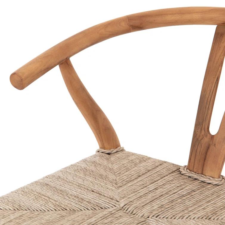 Natural Teak Wishbone-Style Counter Stool with Woven Seat