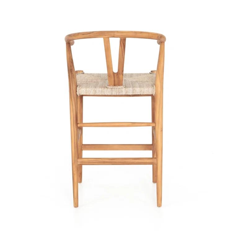 Natural Teak Wishbone-Style Counter Stool with Woven Seat