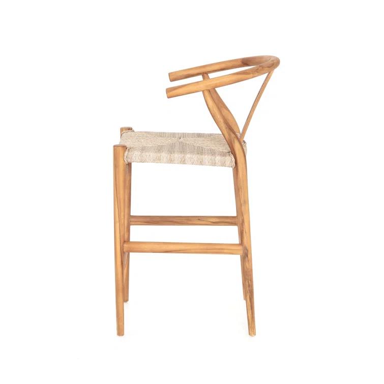 Natural Teak Wishbone-Style Counter Stool with Woven Seat