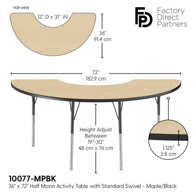36" x 72" Half Moon T-Mold Activity Table with Adjustable Legs