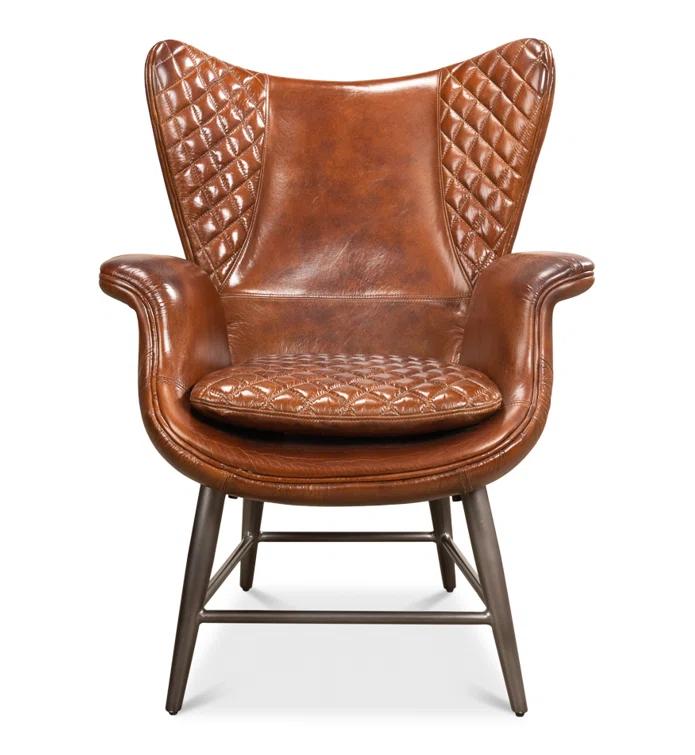 Contemporary Quilted Genuine Leather Balloon Arm Chair in Rich Brown