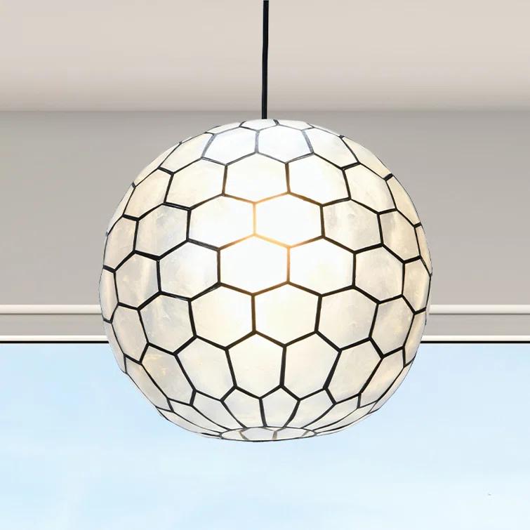 Storied Home 14"x13" Capiz Honeycomb Globe Pendant Light Capiz White Seashells Black: Artisan Crafted, ETL & UL Listed