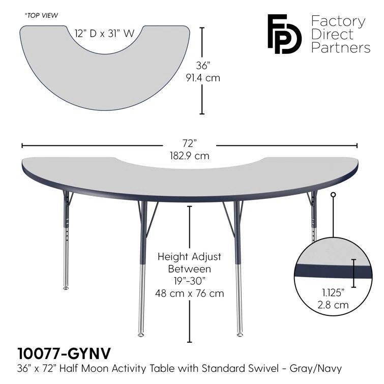 36" x 72" Half Moon T-Mold Activity Table with Adjustable Legs