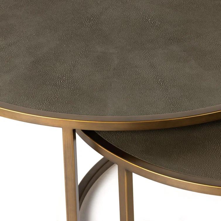 Crescent Antique Brass Nesting Coffee Table Set with Faux Shagreen Top