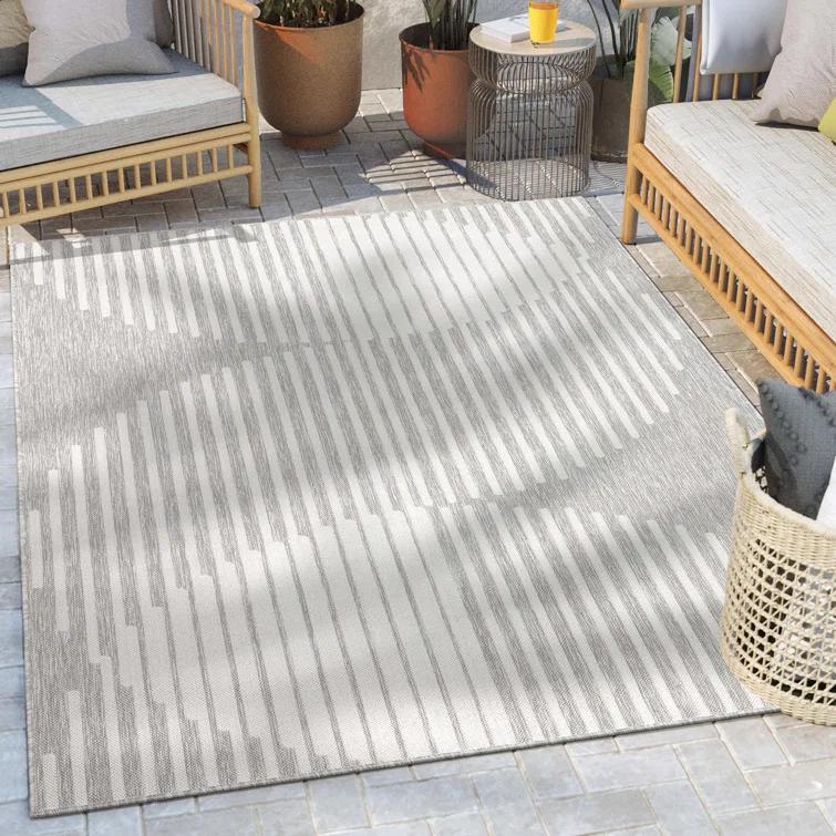 Marshanna Alder Modern Stripes Indoor/Outdoor Ivory Grey Flat-Weave Rug