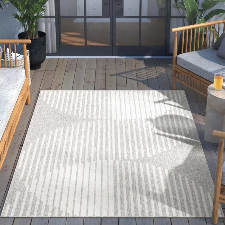 Marshanna Alder Modern Stripes Indoor/Outdoor Ivory Grey Flat-Weave Rug