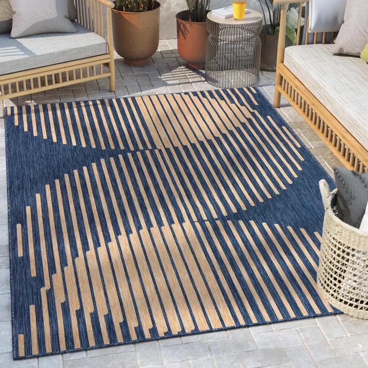 Marshanna Alder Modern Stripes Indoor/Outdoor Blue Flat-Weave Rug