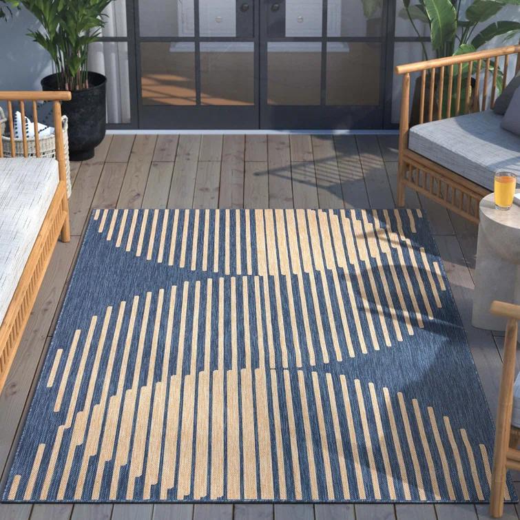 Marshanna Alder Modern Stripes Indoor/Outdoor Blue Flat-Weave Rug