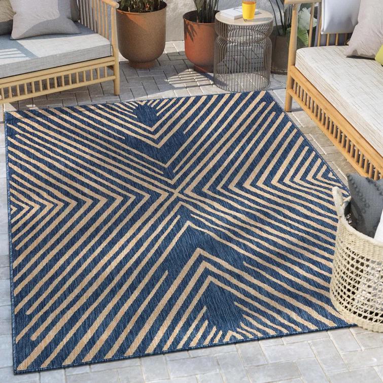 Marshanna Kesia Modern Stripes Indoor/Outdoor Blue Flat-Weave Rug