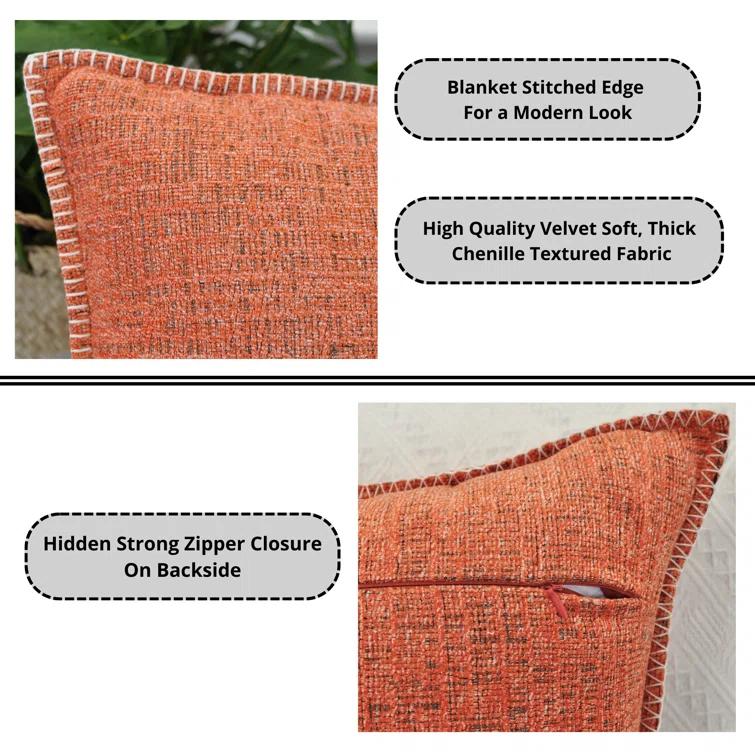 Oveesha Tassel Soft Chenille Throw Pillow Covers With Stitched Edge (Set of 2)