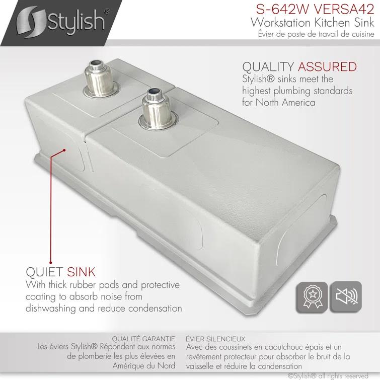 Versa STYLISH 42 inch Stainless Steel Workstation 70/30 Double Bowl Undermount Kitchen Sink with Accessories included