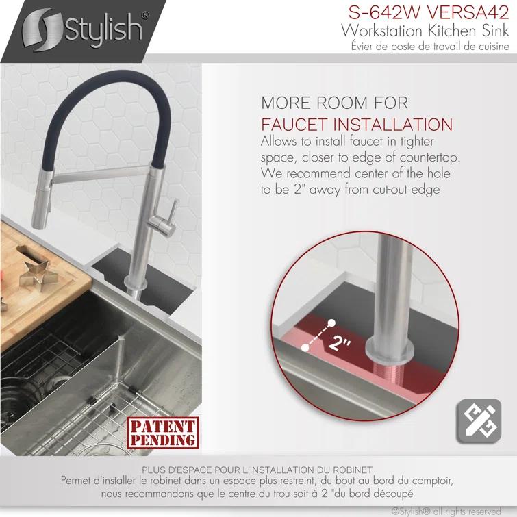 Versa STYLISH 42 inch Stainless Steel Workstation 70/30 Double Bowl Undermount Kitchen Sink with Accessories included