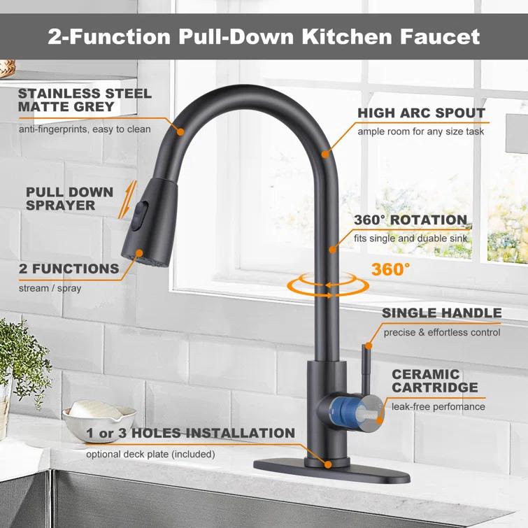 High Arc Pull Down Kitchen Faucet with Sprayer
