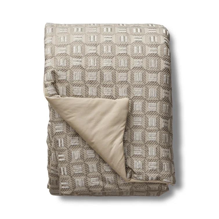 Beige Cotton Embroidered Padded Throw Blanket