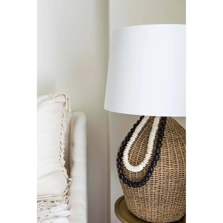Seaside Natural Woven Rattan Table Lamp with White Linen Shade