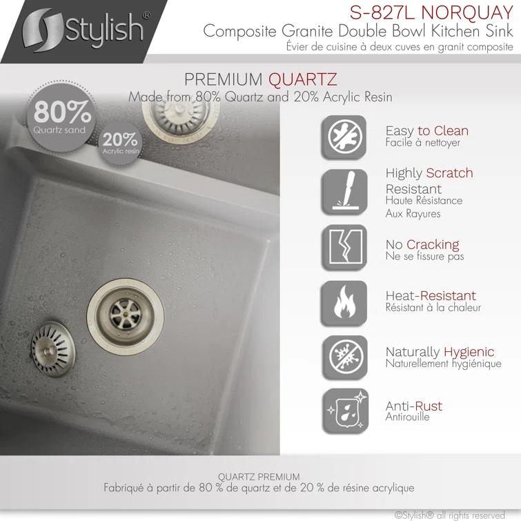 STYLISH S-827L Pietra STYLISH 27 inch Double Bowl 60/40 Dual Mount Composite Granite Kitchen Sink